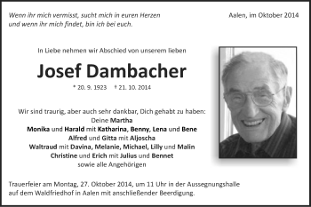 Traueranzeige von Josef Dambacher von Schwäbische Post