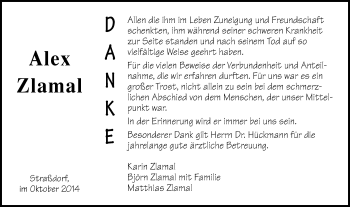 Traueranzeige von Alex Zlamal von Gmünder Tagespost