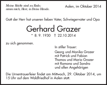Traueranzeige von Gerhard Grazer von Schwäbische Post
