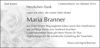 Traueranzeige von Maria Branner von Schwäbische Post