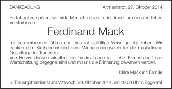Traueranzeige von Ferdinand Mack von Schwäbische Post