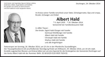 Traueranzeige von Albert Hald von Schwäbische Post