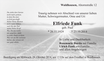 Traueranzeige von Elfriede Funk von Gmünder Tagespost