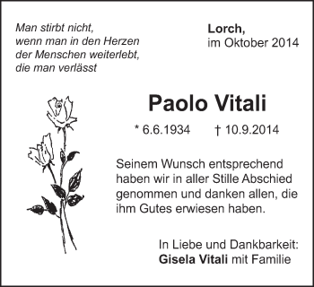Traueranzeige von Paolo Vitali von Gmünder Tagespost
