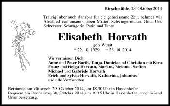 Traueranzeige von Elisabeth Horvath von Gmünder Tagespost