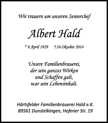 Traueranzeige von Albert Hald von Schwäbische Post