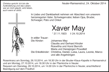 Traueranzeige von Xaver May von Schwäbische Post