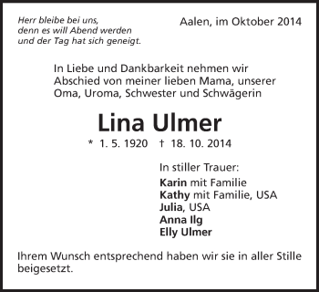 Traueranzeige von Lina Ulmer von Schwäbische Post