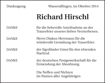 Traueranzeige von Richard Hirschl von Schwäbische Post