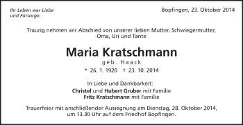 Traueranzeige von Maria Kratschmann von Schwäbische Post