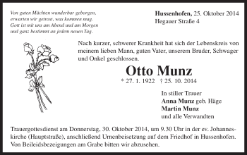 Traueranzeige von Otto Munz von Gmünder Tagespost