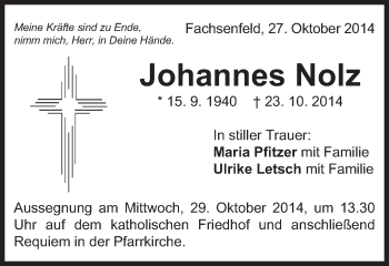 Traueranzeige von Johannes Nolz von Schwäbische Post