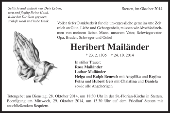 Traueranzeige von Heribert Mailänder von Schwäbische Post