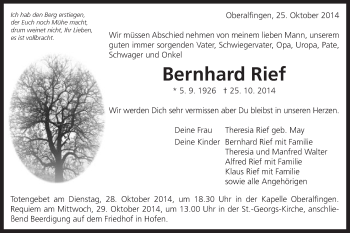 Traueranzeige von Bernhard Rief von Schwäbische Post