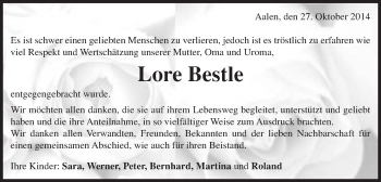 Traueranzeige von Lore Bestle von Schwäbische Post