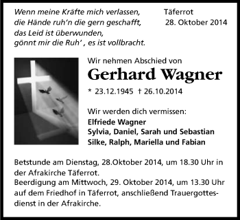 Traueranzeige von Gerhard Wagner von Gmünder Tagespost