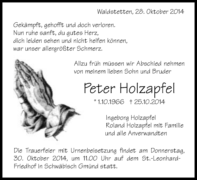  Traueranzeige für Peter Holzapfel vom 28.10.2014 aus Gmünder Tagespost