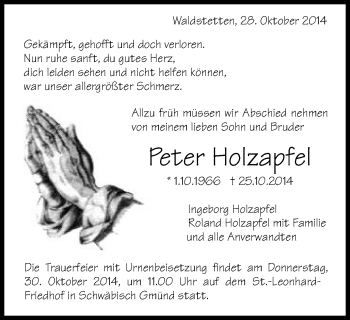 Traueranzeige von Peter Holzapfel von Gmünder Tagespost