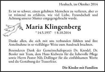 Traueranzeige von Maria Klingenberg von Gmünder Tagespost