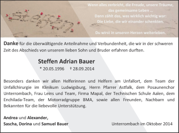 Traueranzeige von Steffen Adrian Bauer von Schwäbische Post
