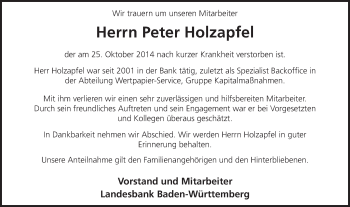 Traueranzeige von Peter Holzapfel von Gmünder Tagespost