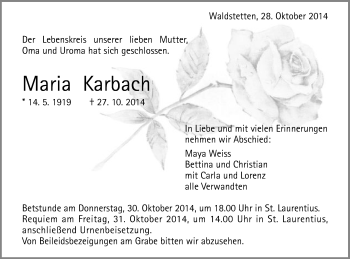 Traueranzeige von Maria Karbach von Gmünder Tagespost