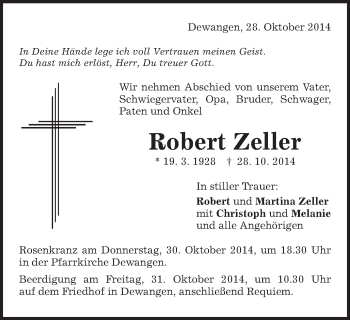 Traueranzeige von Robert Zeller von Schwäbische Post