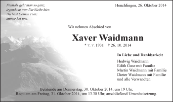 Traueranzeige von Xaver Waidmann von Gmünder Tagespost