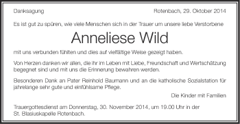 Traueranzeige von Anneliese Wild von Schwäbische Post