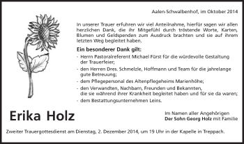 Traueranzeige von Erika Holz von Schwäbische Post