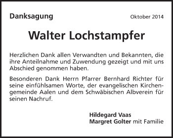 Traueranzeige von Walter Lochstampfer von Schwäbische Post