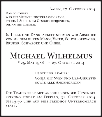 Traueranzeige von Michael Wilhlemus von Schwäbische Post