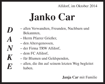 Traueranzeige von Janko Car von Gmünder Tagespost