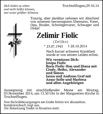 Traueranzeige von Zelimir Fiolic von Schwäbische Post