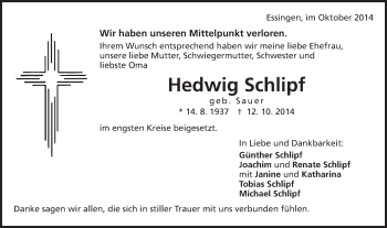 Traueranzeige von Hedwig Schlipf von Schwäbische Post