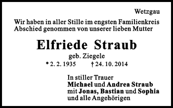 Traueranzeige von Elfriede Straub von Gmünder Tagespost