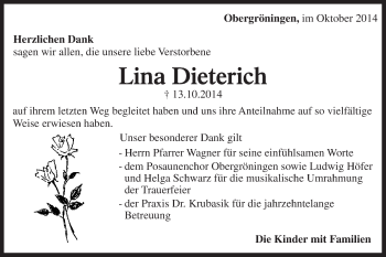 Traueranzeige von Lina Dieterich von Gmünder Tagespost
