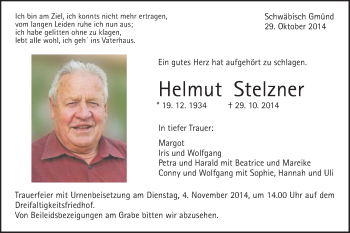 Traueranzeige von Helmut Stelzner von Gmünder Tagespost