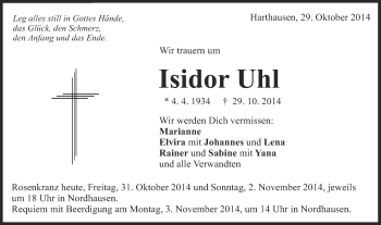 Traueranzeige von Isidor Uhl von Schwäbische Post
