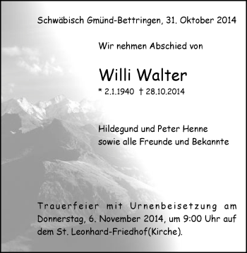 Traueranzeige von Willi Walter von Gmünder Tagespost