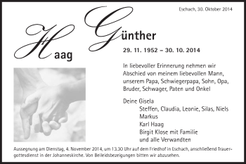 Traueranzeige von Günther Haag von Gmünder Tagespost