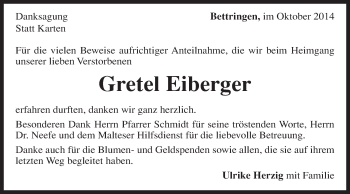 Traueranzeige von Gretel Eiberger von Gmünder Tagespost