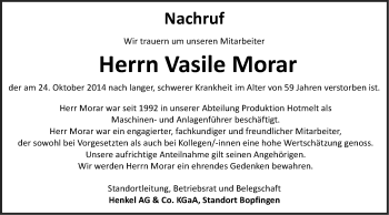 Traueranzeige von Vasile Morar von Schwäbische Post