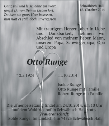 Traueranzeige von Otto Runge von OstalbTrauer