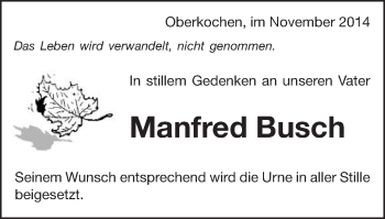 Traueranzeige von Manfred Busch von Schwäbische Post