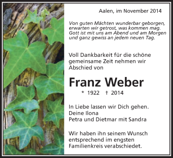 Traueranzeige von Franz Weber von Schwäbische Post