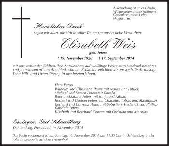 Traueranzeige von Elisabeth Weis von Schwäbische Post