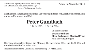 Traueranzeige von Peter Gundlach von Schwäbische Post