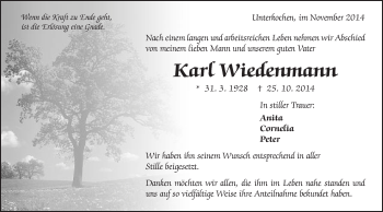 Traueranzeige von Karl Wiedenmann von Schwäbische Post