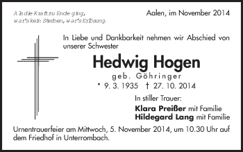 Traueranzeige von Hedwig Hogen von Schwäbische Post